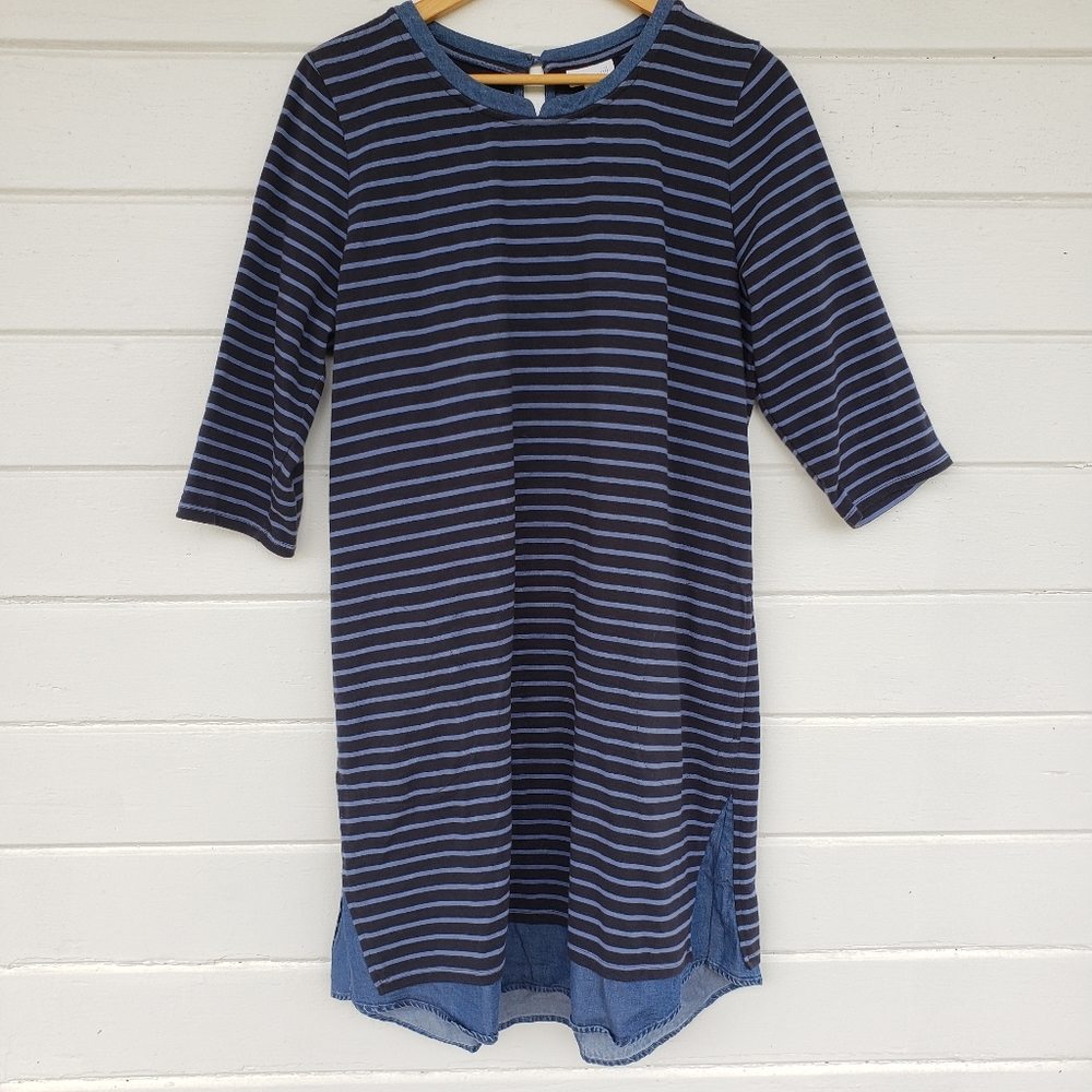 J. Jill Blue Striped Cotton 3/4 Sleeve Shift Dress